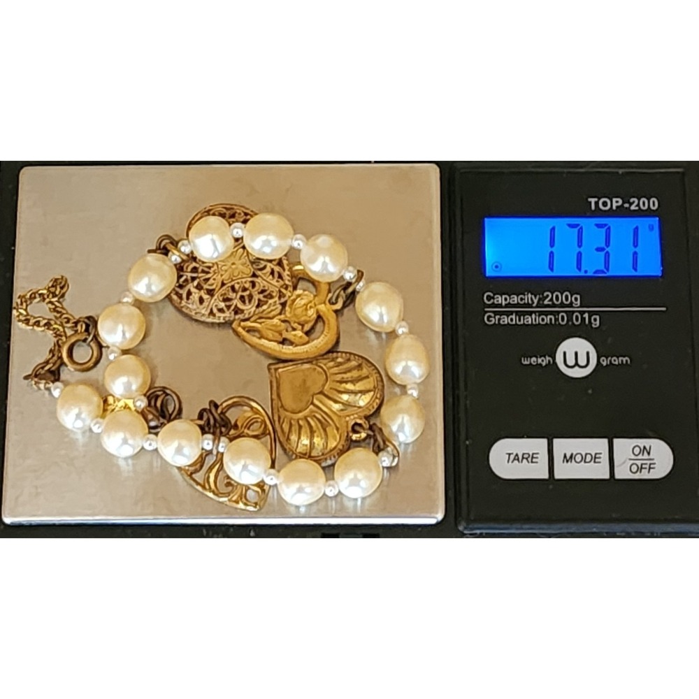 Signed Vtg‎ Miriam Haskell Faux Pearl Heart Charm Bracelet Gold Tone Filligree - Picture 14 of 15